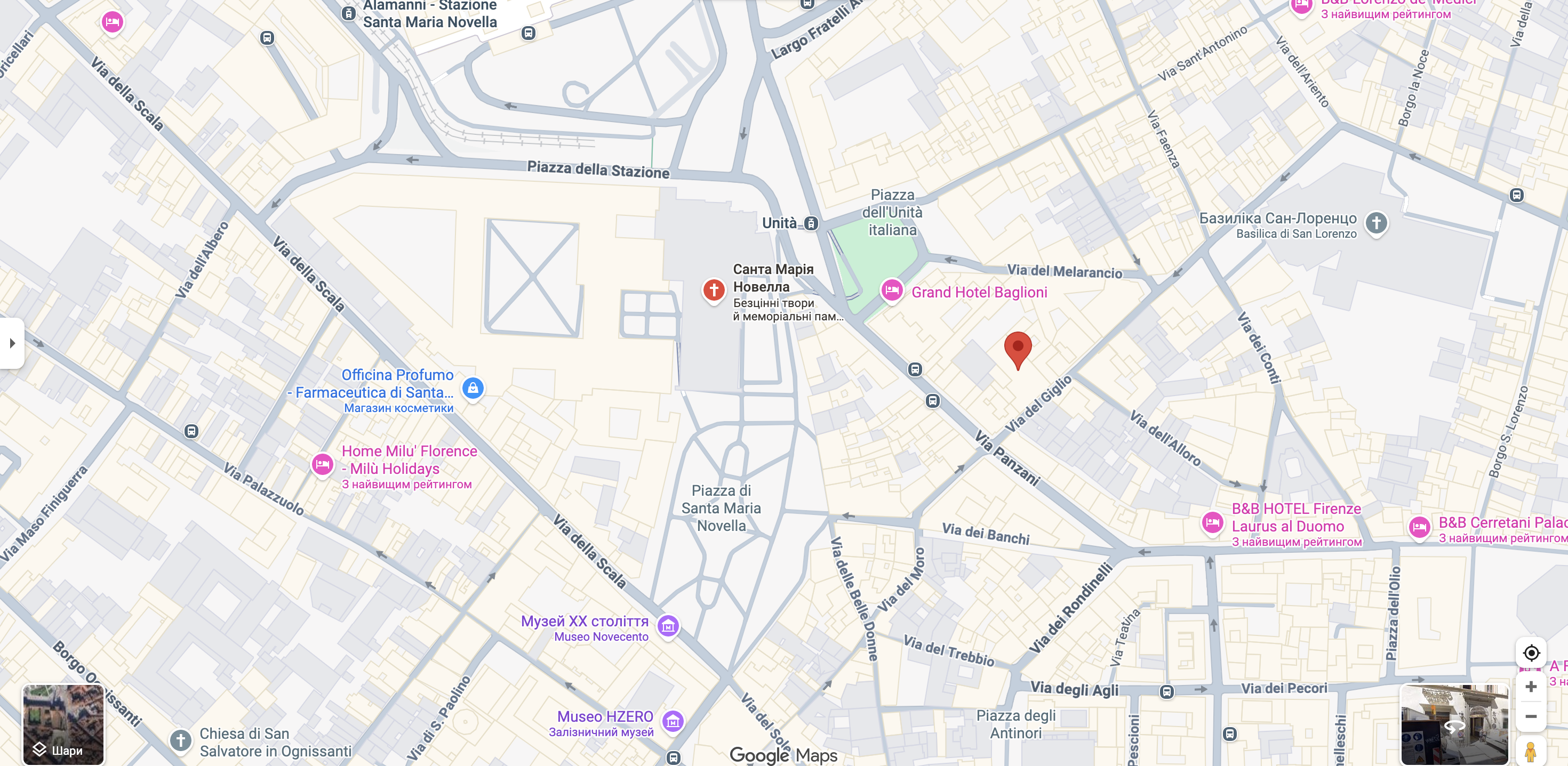 Скрин с расположением мастерской на карте в районе Пятницкой улицы в Италии